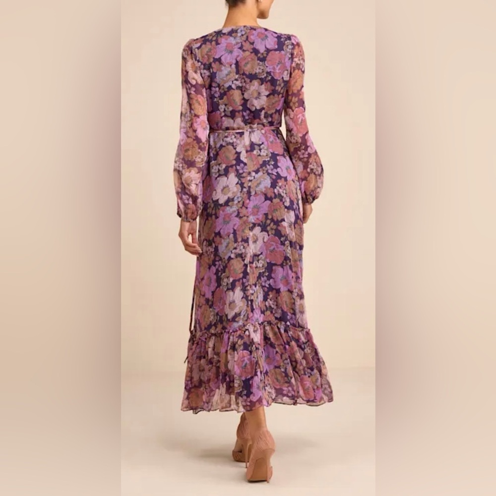 Lulus NWT “Feeling Sweet” Purple Floral Print Long Sleeve Wrap Maxi Dress. Large - Picture 3 of 15